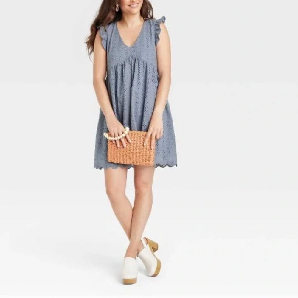 Knox Rose Women's Ruffle Short Sleeve Eyelet A-Line Dress - Size L Flowy Comfy